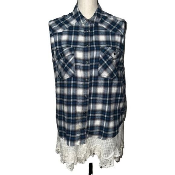 BDG Womens Sleeveless Plaid Button-Down Top Lace Hem Blue & White Size Medium - Picture 1 of 12